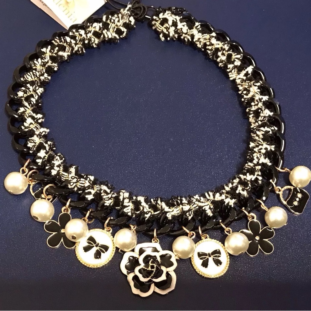Gardenia Black And White Tweed Charm Necklace
